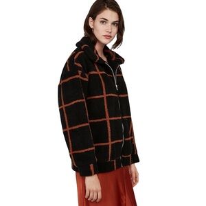 Express Ultra Soft Black/Chestnut Plaid Sherpa Teddy Full Zip Lined Jacket